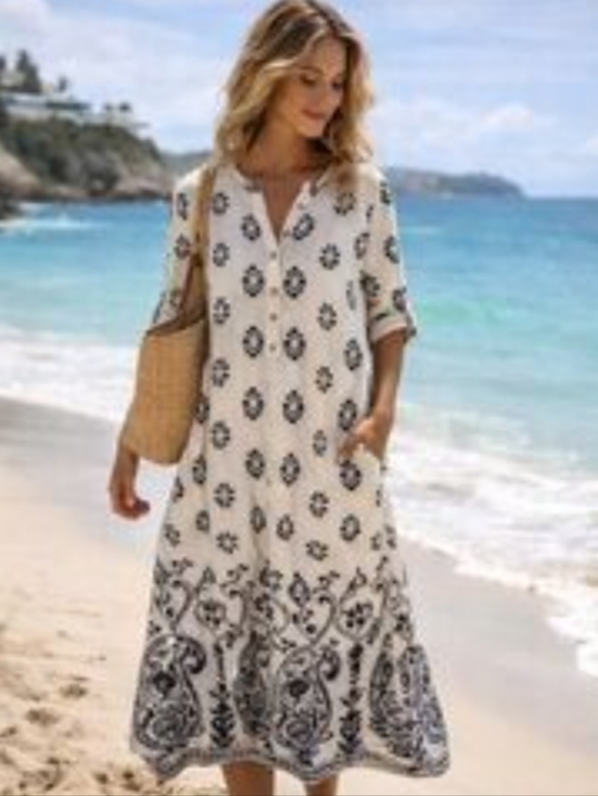 Mlle Gabrielle Dresses & Skirts - Mlle Gabrielle Blue White Boho Midi Dress Coastal Grandma Resort 3/4 Sleeve LG